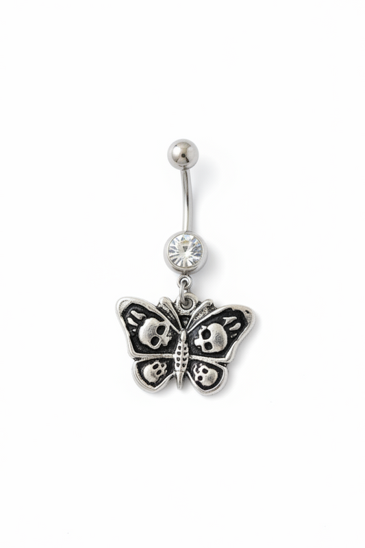 Clear Crystal Skull Butterfly Belly Button Ring in 316l stainless steel close up detail.