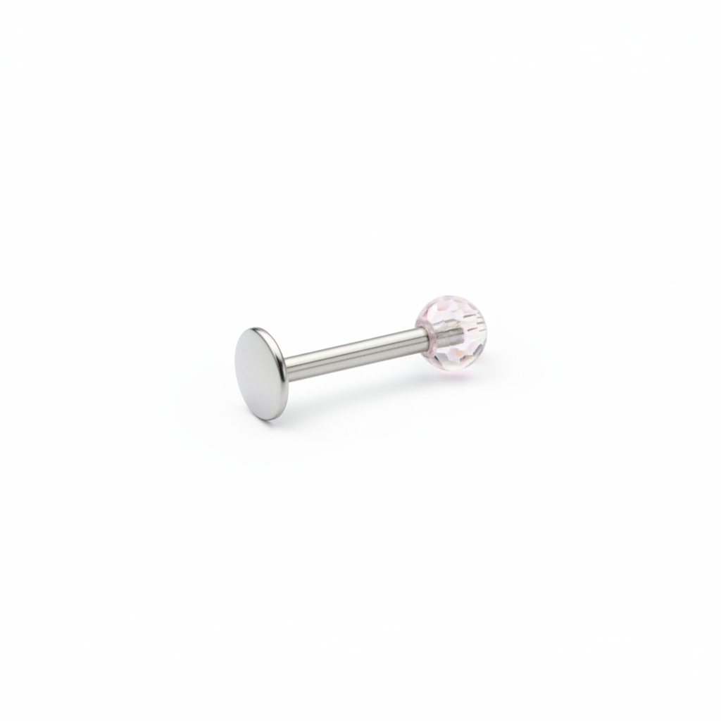 Light Pink Acrylic Labret Lip Ring in 316l stainless steel close up detail.