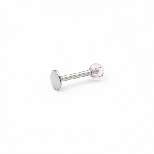 Light Pink Acrylic Labret Lip Ring in 316l stainless steel close up detail.