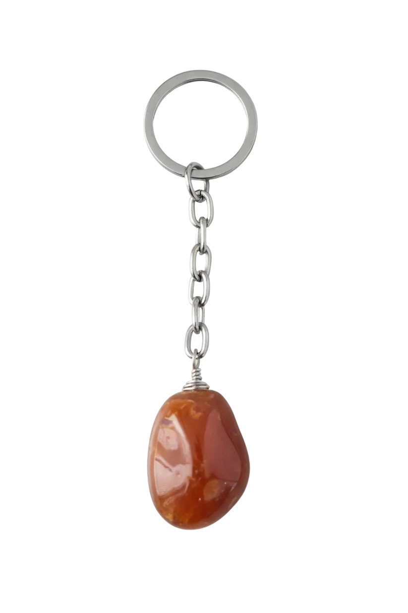 Carnelian Natural Earth Stone Handmade Steel Plated Keychain on a white background.