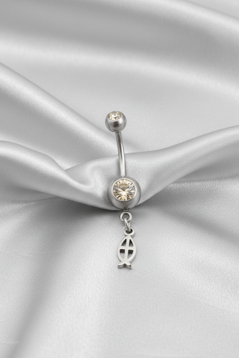 Clear Crystal Jesus Fish Belly Button Ring in 316l stainless steel.