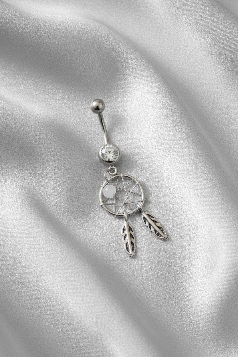 Clear Crystal Mystical Dream Catcher Belly Button Ring in 316l stainless steel.