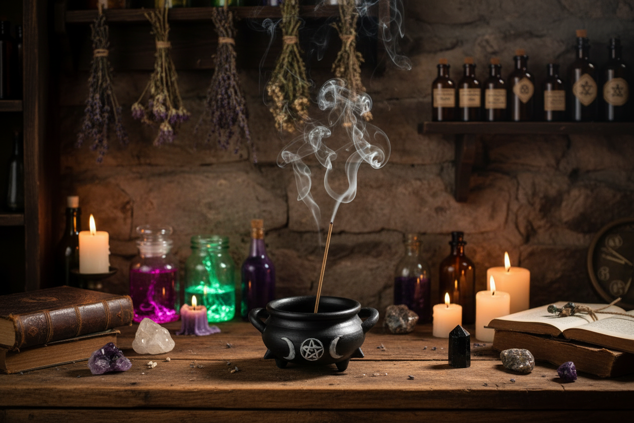 Witch's Black Cauldron Resin Incense Burner on the counter in a mystic kitchen with incense burning and smoke rising.