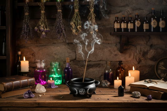 Witch's Black Cauldron Resin Incense Burner on the counter in a mystic kitchen with incense burning and smoke rising.
