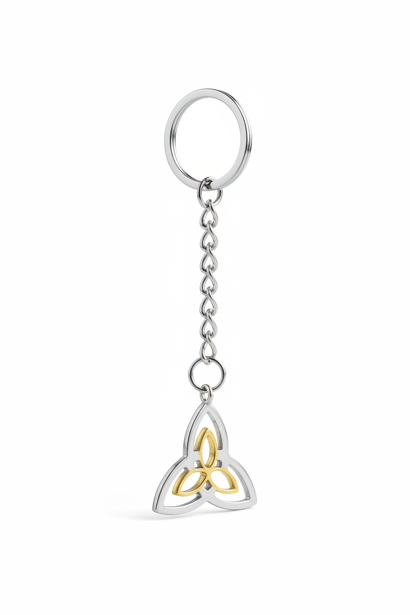 Triquetra Handmade 316L Stainless Steel Charm Keychain on a white background.