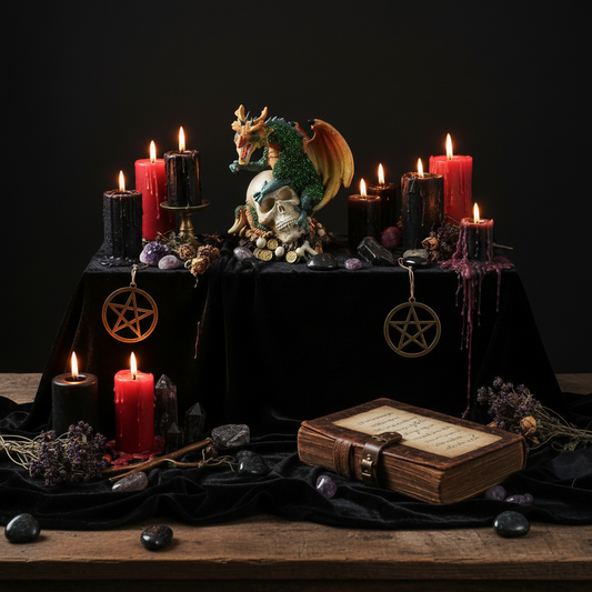 Green Dragon on Skull Head Resin Figurine - Mystical Home Decor on a spiritual gothic altar.