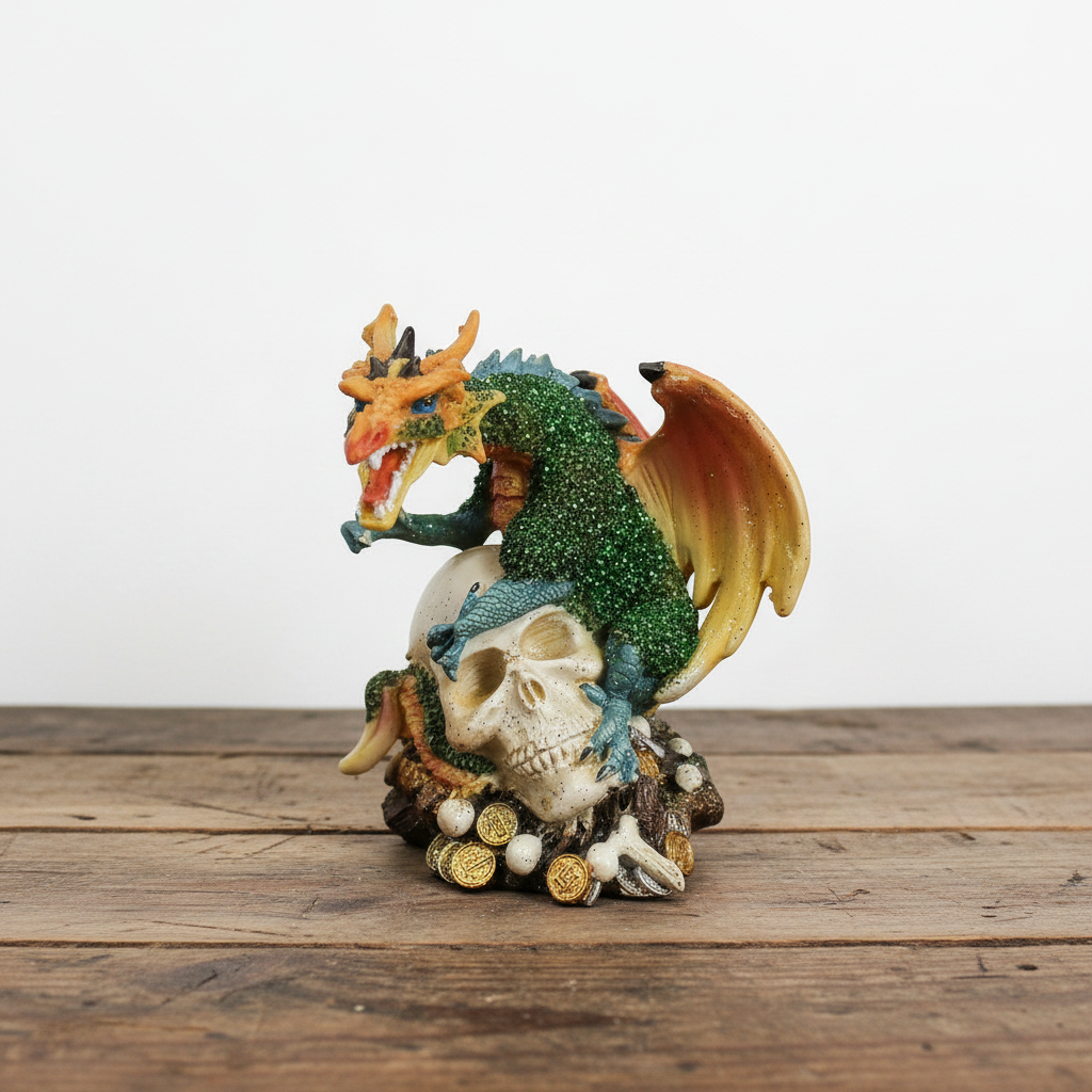 Green Dragon on Skull Head Resin Figurine - Mystical Home Decor on a wooden table with a white background.