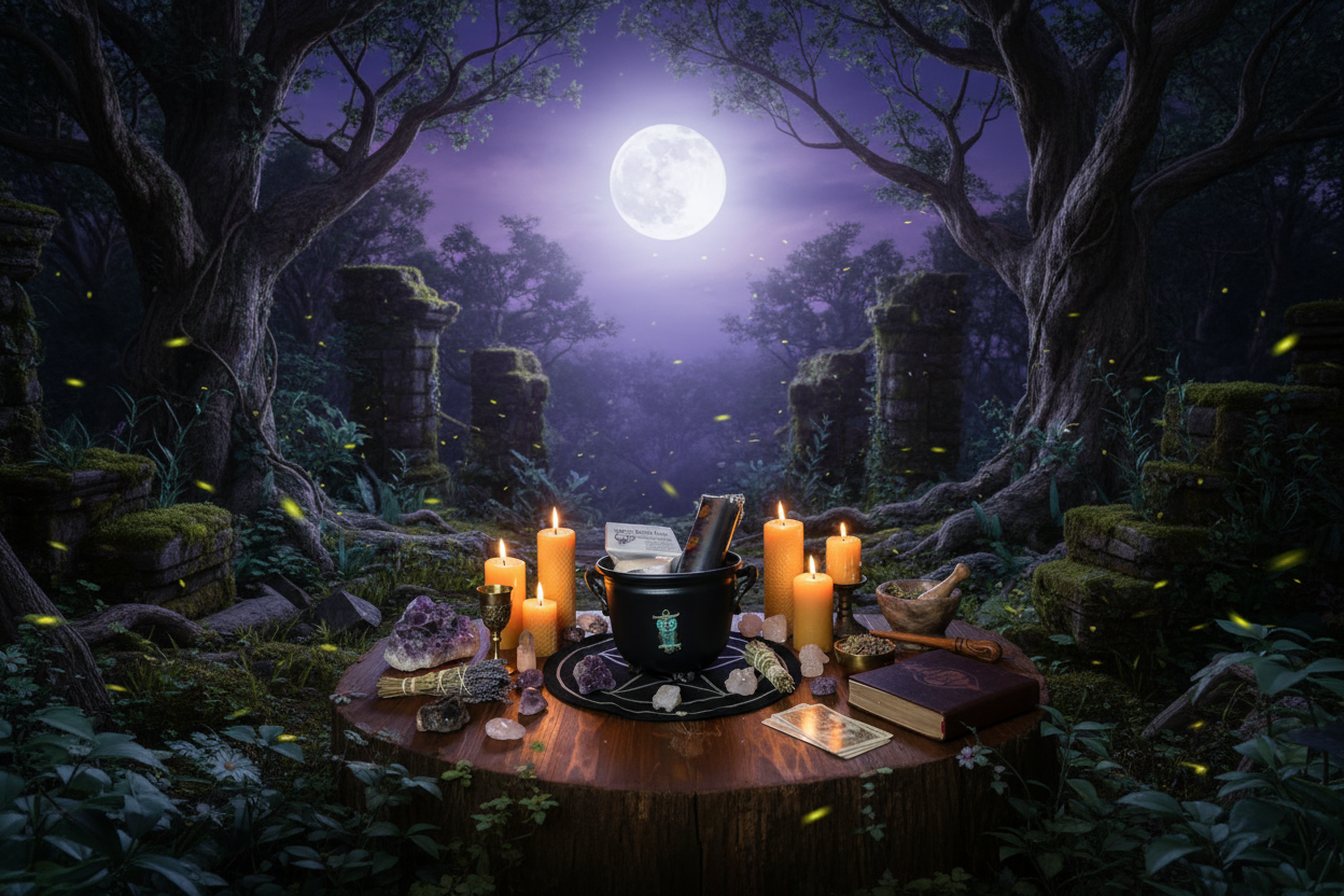 Black Witches' Cauldron with Owl Cast Iron Incense Holder on a spiritual altar in a mystical forest.