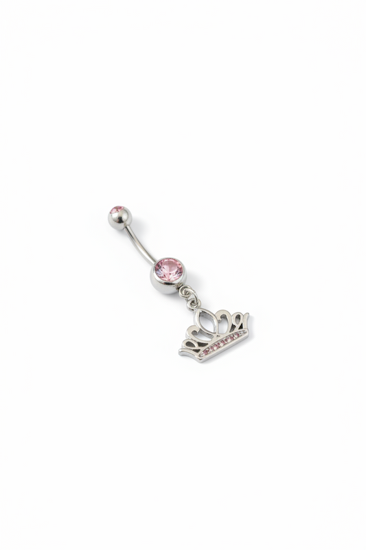Pink Crystal Crown Belly Button Ring in 316l stainless steel angled right.