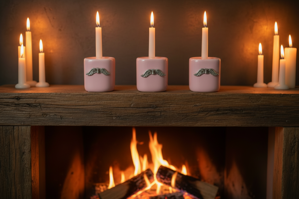 Pink Wings Ceramic Mini Candle Holder Set of Three on a fireplace mantle with a burning fire and candles lit showing a warm glow.