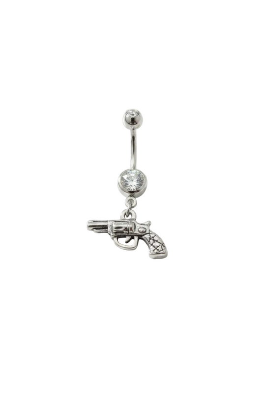 Clear Crystal Handgun Belly Button Ring in 316l stainless steel close up detail.