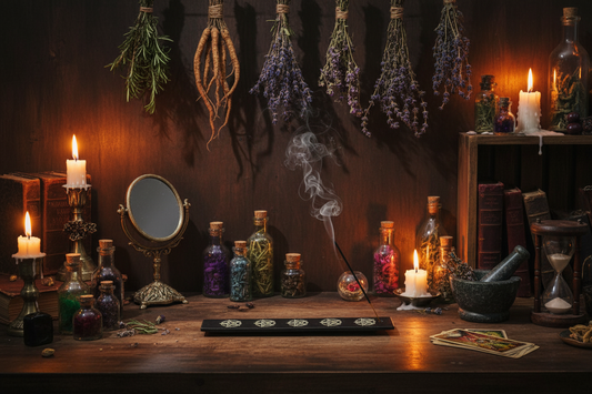 Black Pentacle Soapstone Incense Holder - Free Incense on the counter in a mystic kitchen with incense burning and smoke rising.