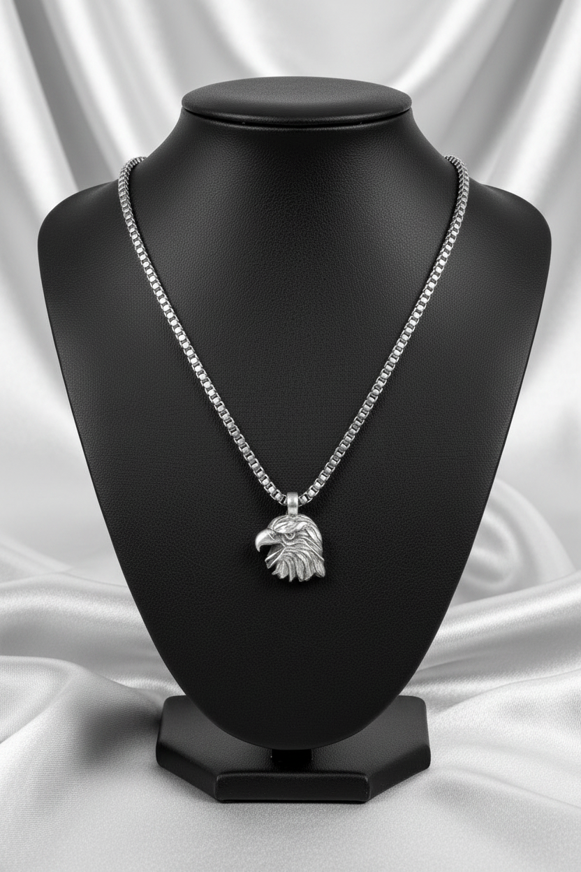 Pewter Eagle Steel Chain Necklace in 316l stainless steel on a black bust.