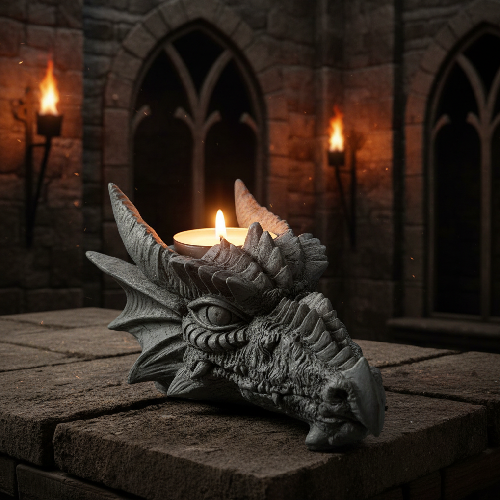 Black Medieval Dragon Head Resin Tea Light Candle Holder on a stone table in a medieval castle setting with the candle lit showing a warm glow.