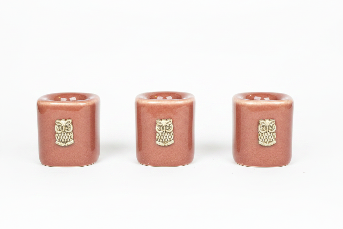 Brown Owl Ceramic Mini Candle Holder Set of Three on a white background.