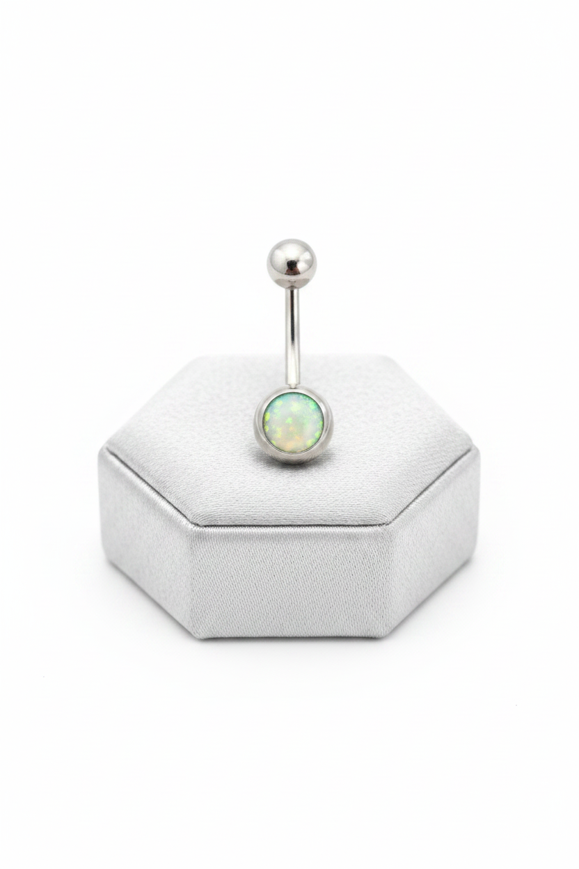 Aqua Opal Belly Button Ring in 316l stainless steel on a silver jewelry display upright position. 