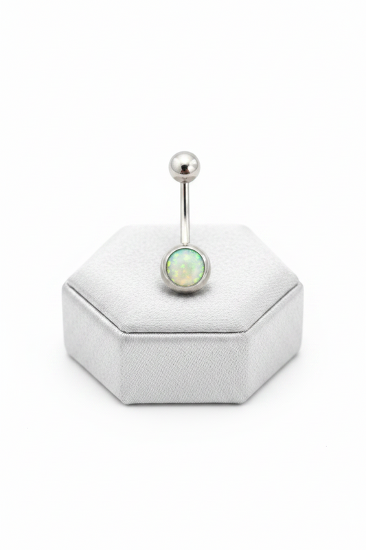Aqua Opal Belly Button Ring in 316l stainless steel on a silver jewelry display upright position. 