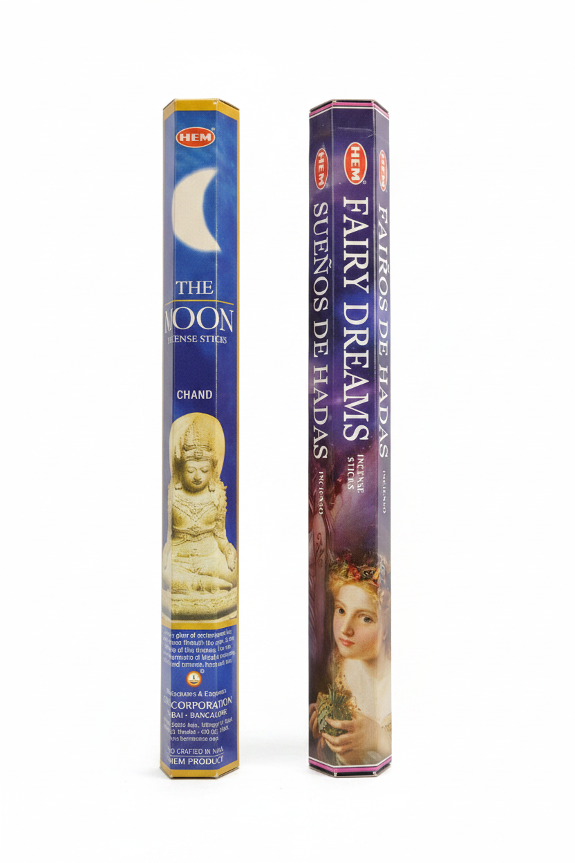 Hem Fairy Dreams and The Moon incense on a white background free with purchase of Floral Black Cat Resin Incense Holder - Free Incense.