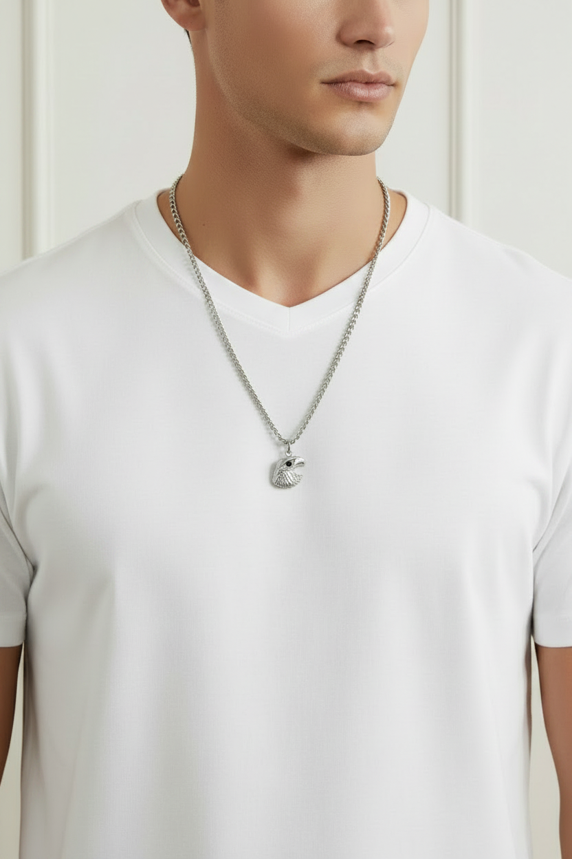Eagle Head Steel Chain Necklace in 316l stainless steel on a male model.