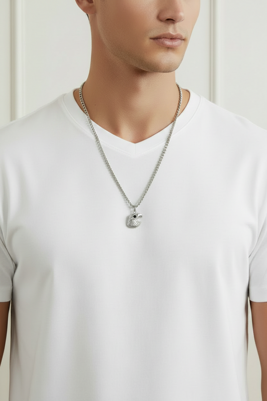 Eagle Head Steel Chain Necklace in 316l stainless steel on a male model.