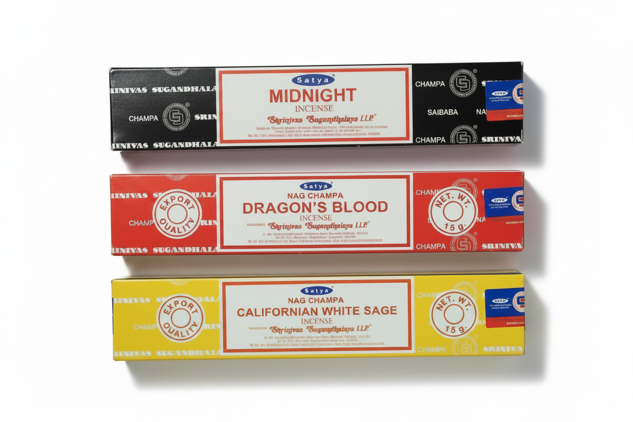 Satya Midnight, Dragon's Blood and California White Sage on a white background. Free with purchase of Sugar Skull Resin Incense Holder - Free Incense.