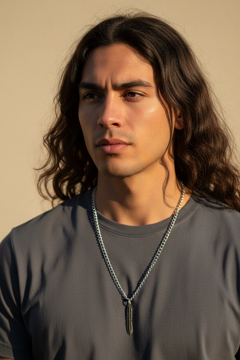 Feather Steel Chain Necklace in 316l stainless steel on a male model.