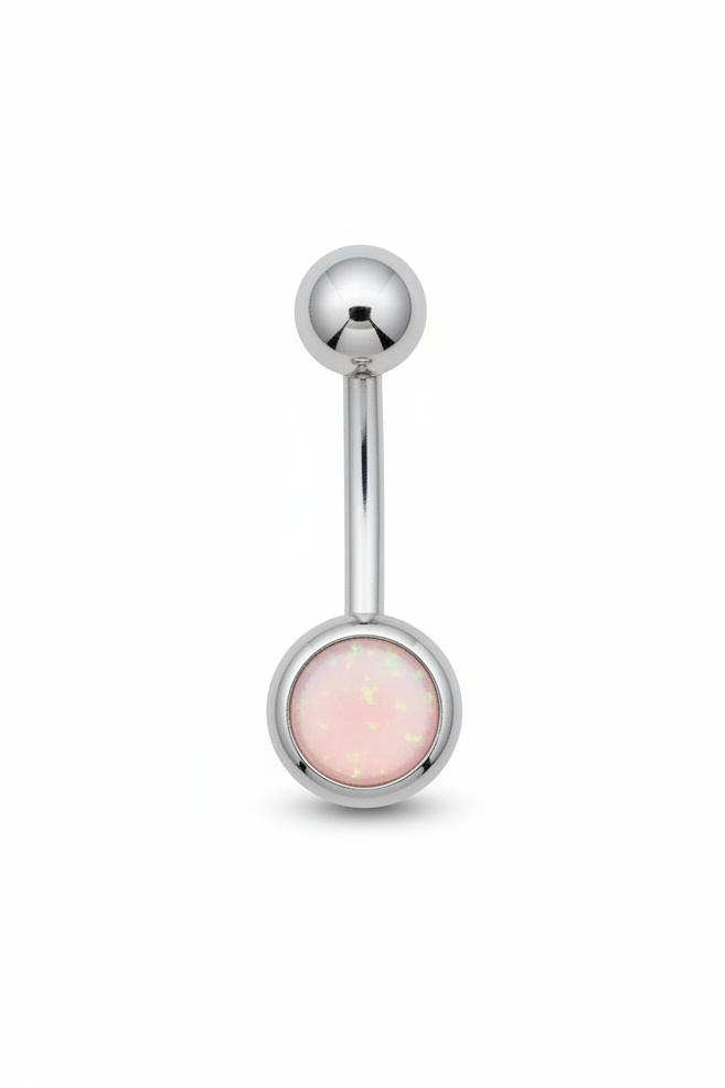 Pink Opal Belly Button Ring in 316l stainless steel on a white background in close up detail.