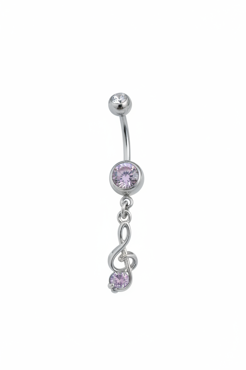 Purple Crystal Treble Clef Belly Button Ring in 316l stainless steel close up detail.