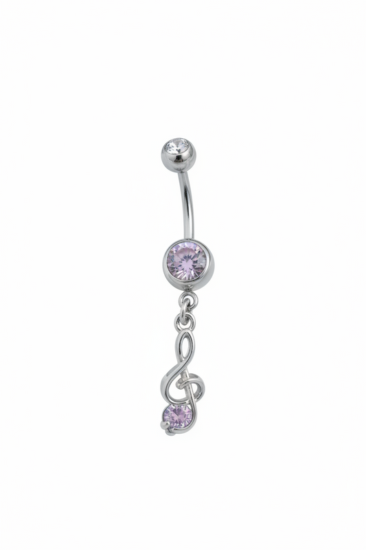Purple Crystal Treble Clef Belly Button Ring in 316l stainless steel close up detail.