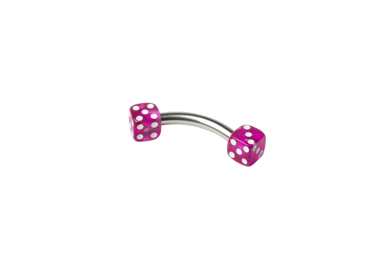 Purple Acrylic Dice Eyebrow Ring in 316l stainless steel close up detail.
