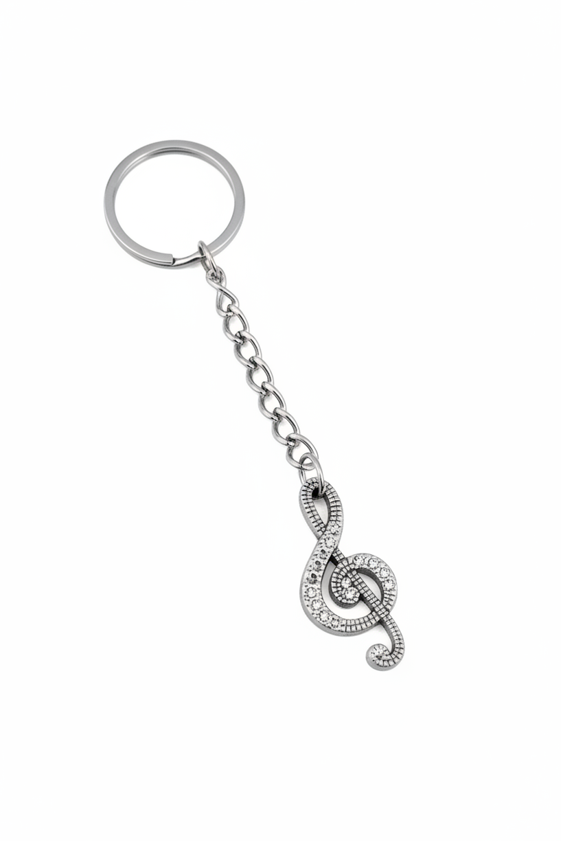 Treble Clef Handmade Silver Plated Charm Keychain on a white background.