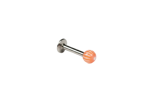 Orange & White Acrylic Labret Lip Ring in 316l stainless steel close up detail.