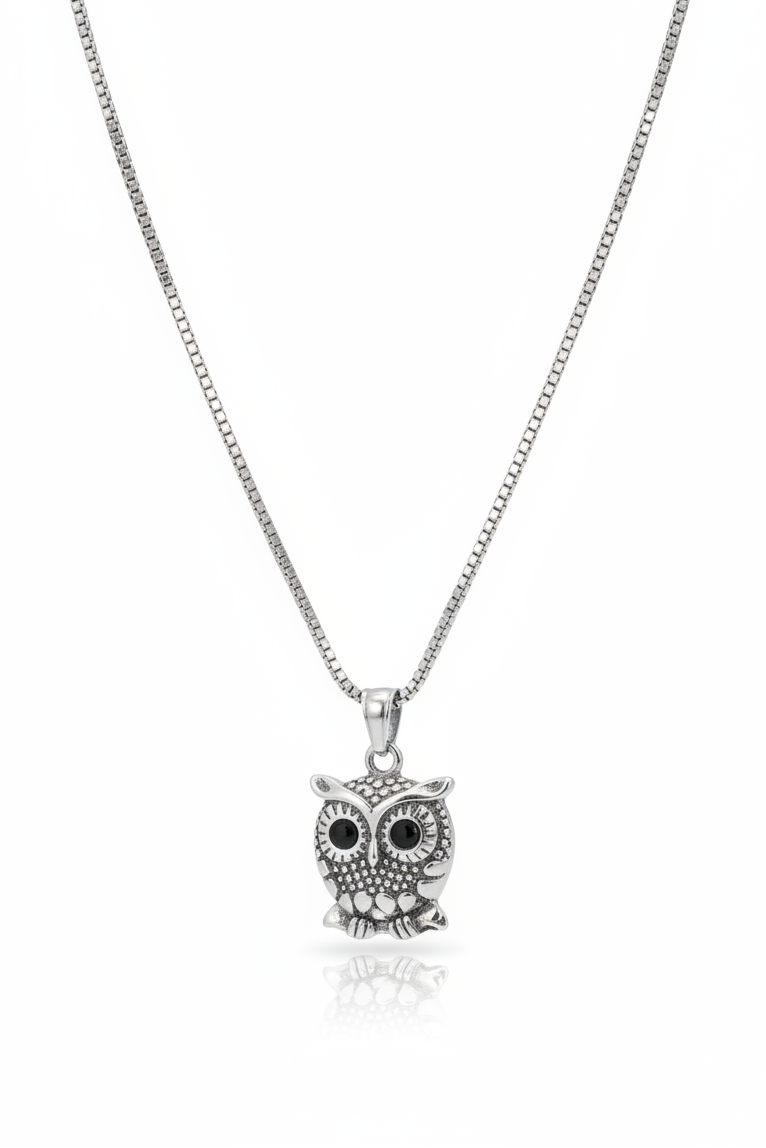 Sitting Owl Steel Chain Necklace in 316l stainless steel.