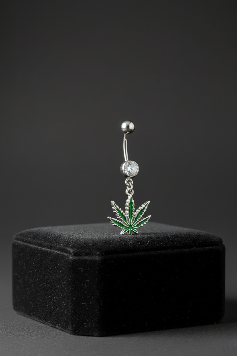 Clear Crystal Sweet Leaf Belly Button Ring in 316l stainless steel on a black velvet riser display.