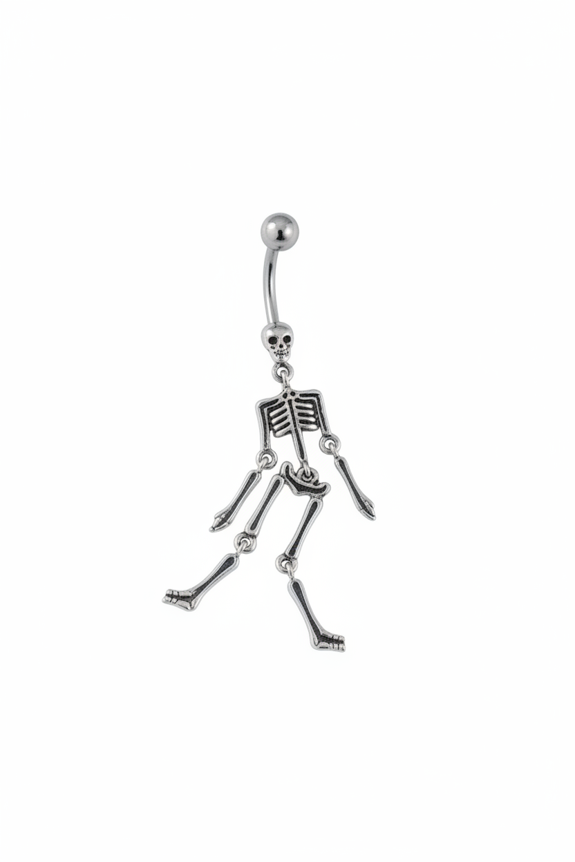 Black Dancing Skeleton Belly Button Ring in 316l stainless steel close up detail.