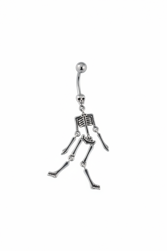 Black Dancing Skeleton Belly Button Ring in 316l stainless steel close up detail.