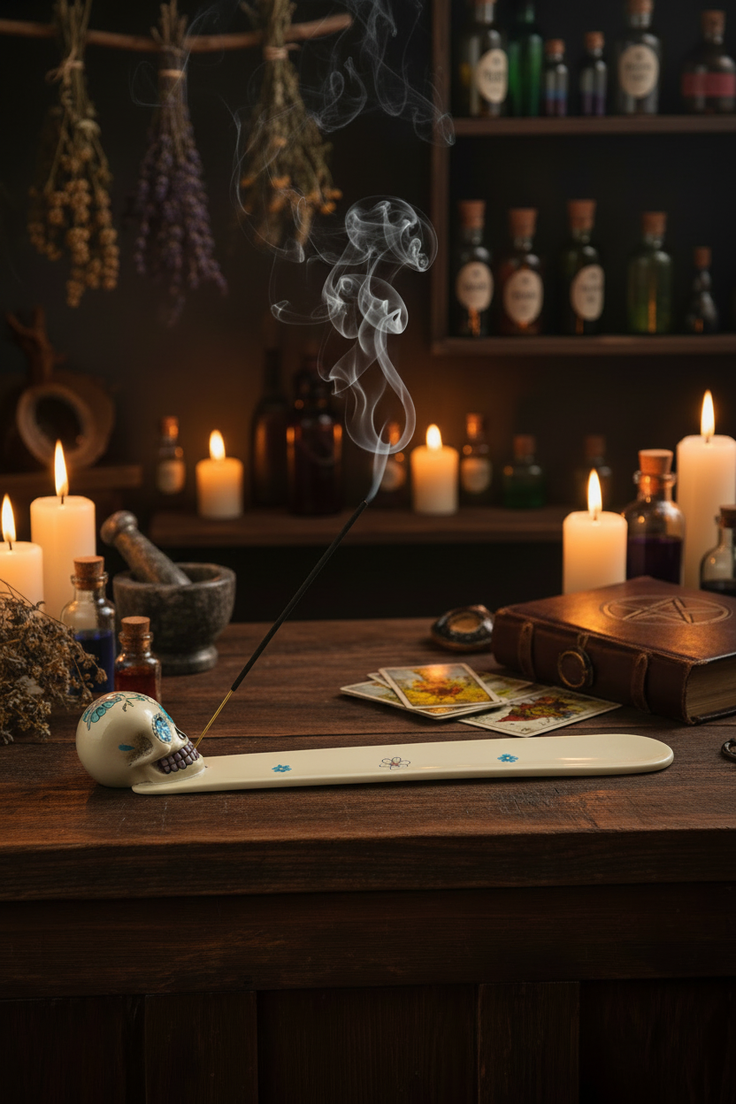 Sugar Skull Resin Incense Holder - Free Incense on the counter in a mystic kitchen with incense burning and smoke rising.