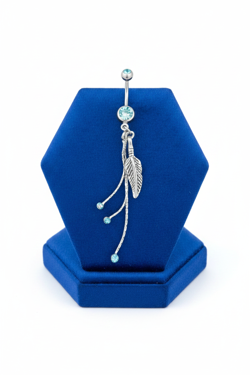 Aqua Crystal Feather Chain Belly Button Ring in 316l stainless steel on a blue velvet jewelry display.