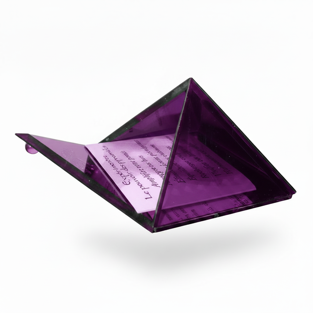 Purple mini glass pyramid keepsake box with mirrored base open on a white background side profile.