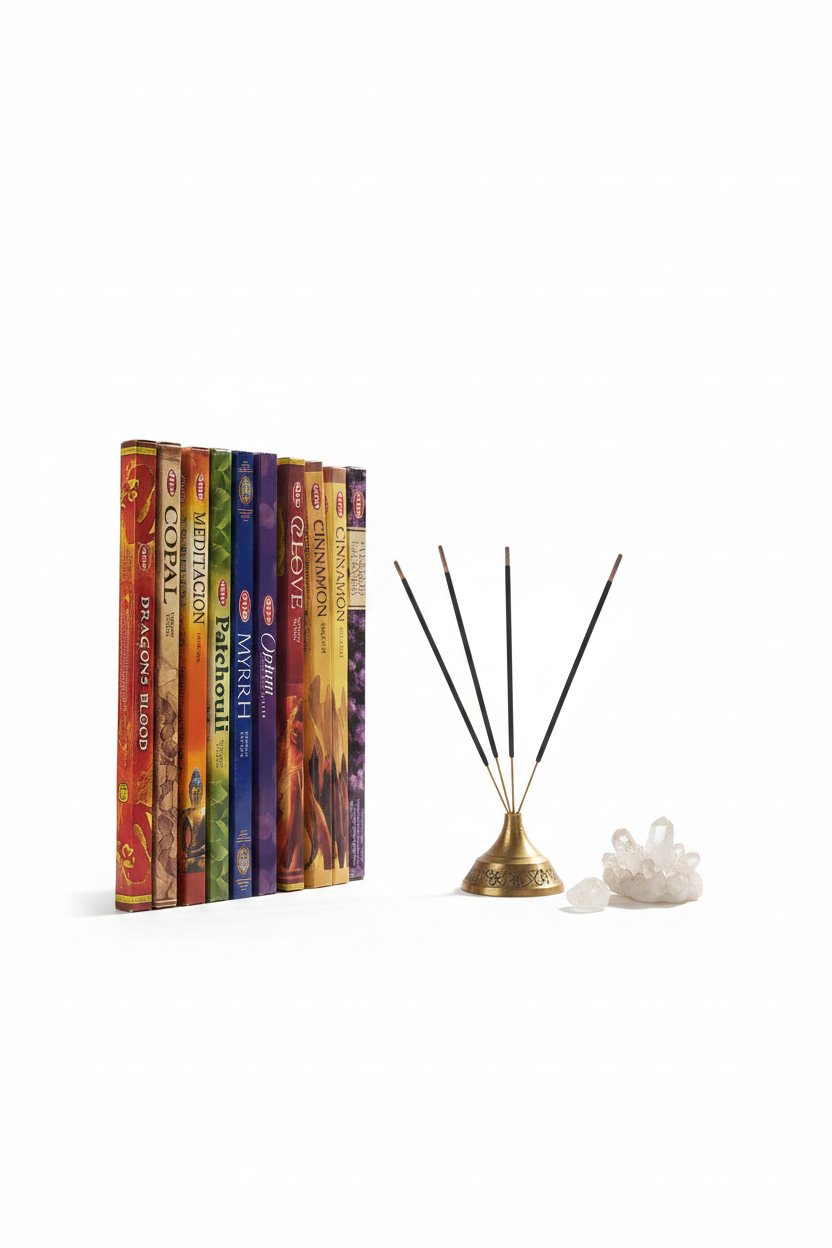 Ancient Scents Incense Variety Gift Package on a white background with incense burning.