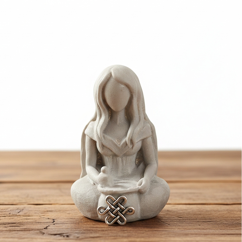 Ancient Goddess Cerridwen Terra Cotta Mini Figurine - Altar & Sacred Space on a wooden table with a white background.
