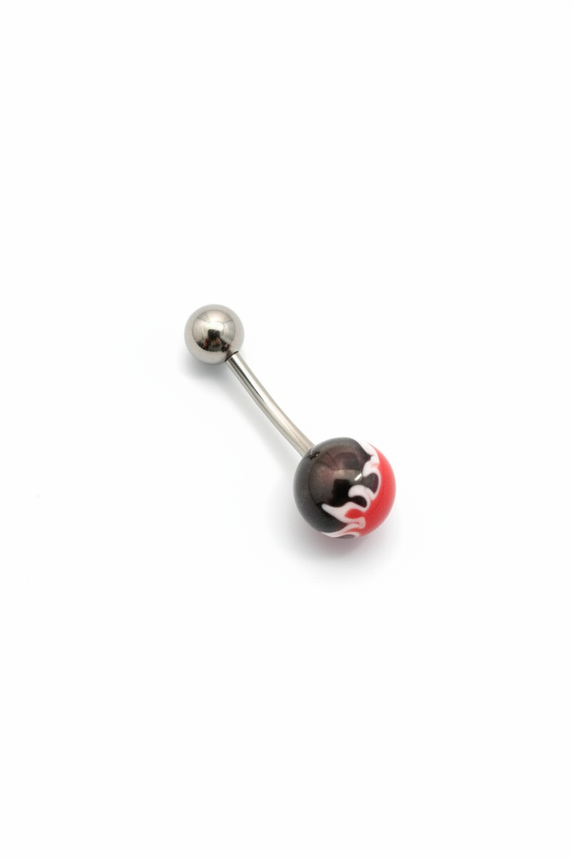 Red Fireball Acrylic Belly Button Ring in 316l stainless steel on a white background.