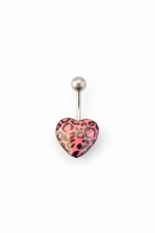 Pink Leopard Print Heart acrylic belly button ring in 316l stainless steel