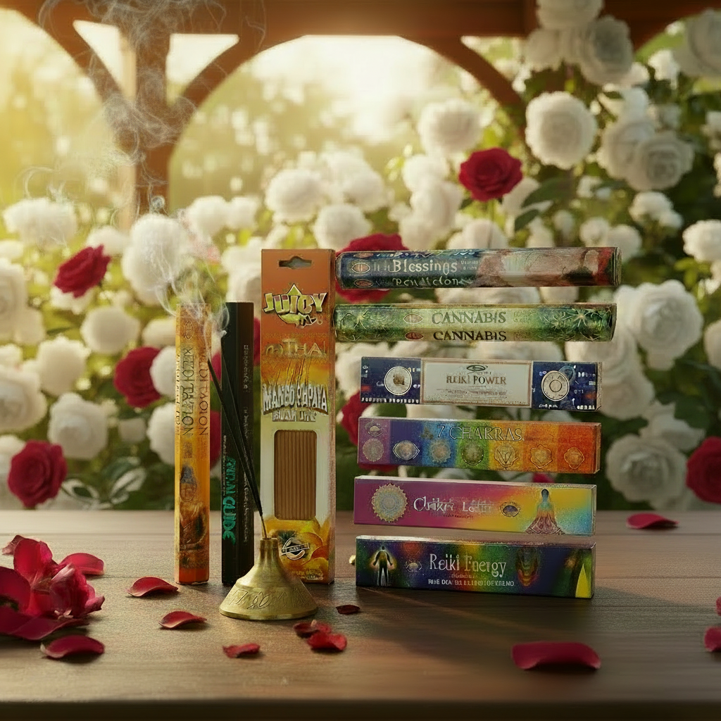 Energy Healing Incense Variety Gift Package on a wooden table in a rose garden gazebo with incense burning and smoke rising.