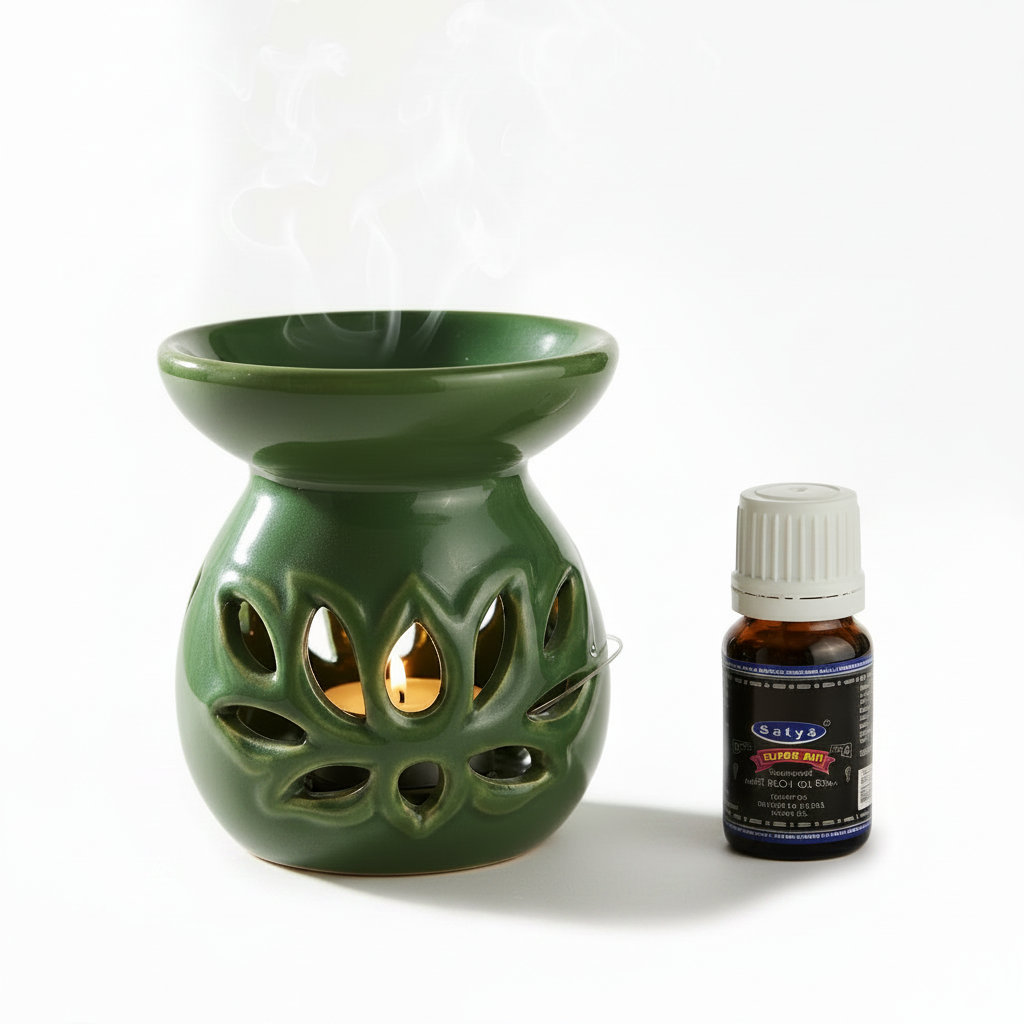 Green Lotus Ceramic Tea Light Essential Oil Warmer burning on a white background with smoke rising shown with free Satya Superhit essential oil.