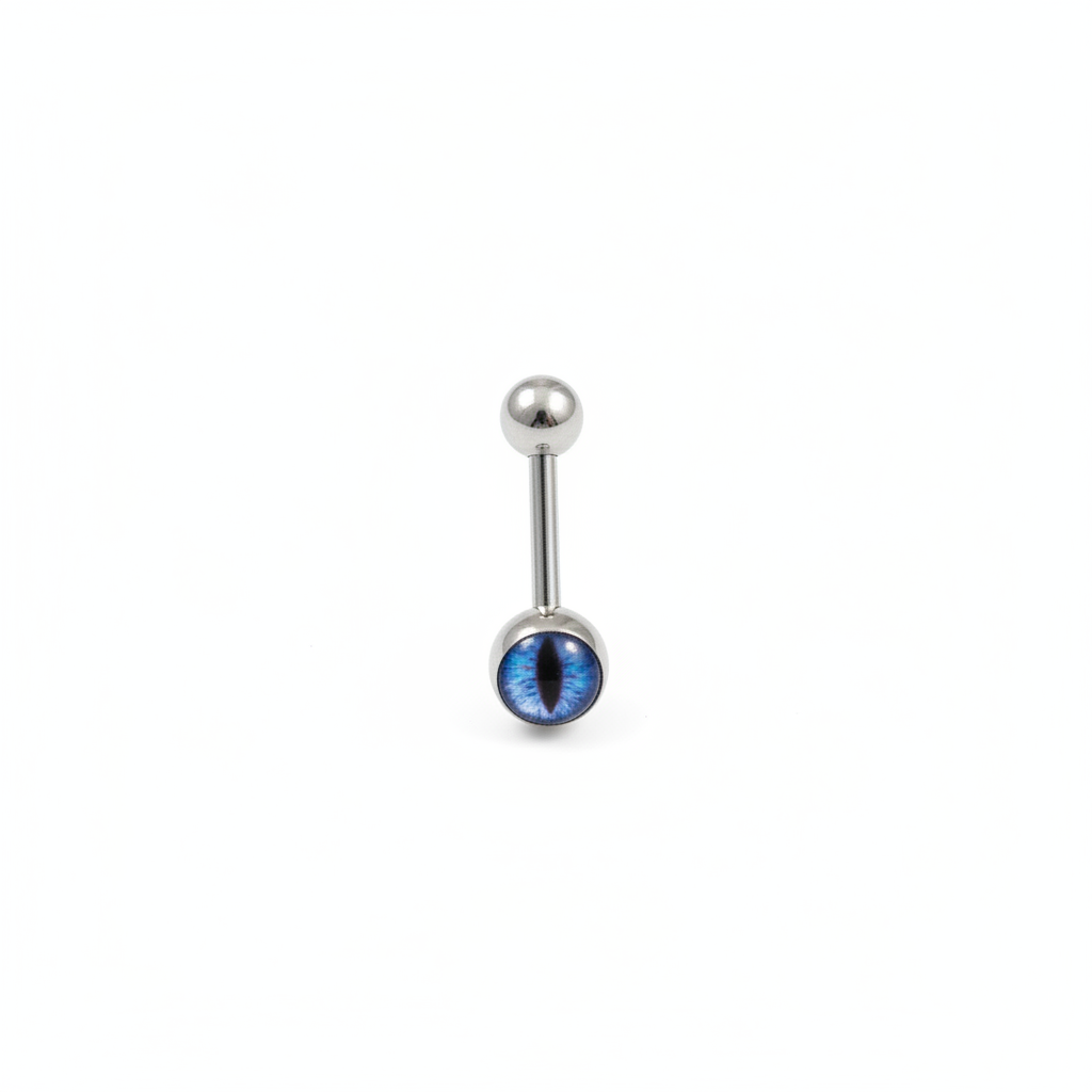 Blue Snake Eye tongue barbell in 316l stainless steel