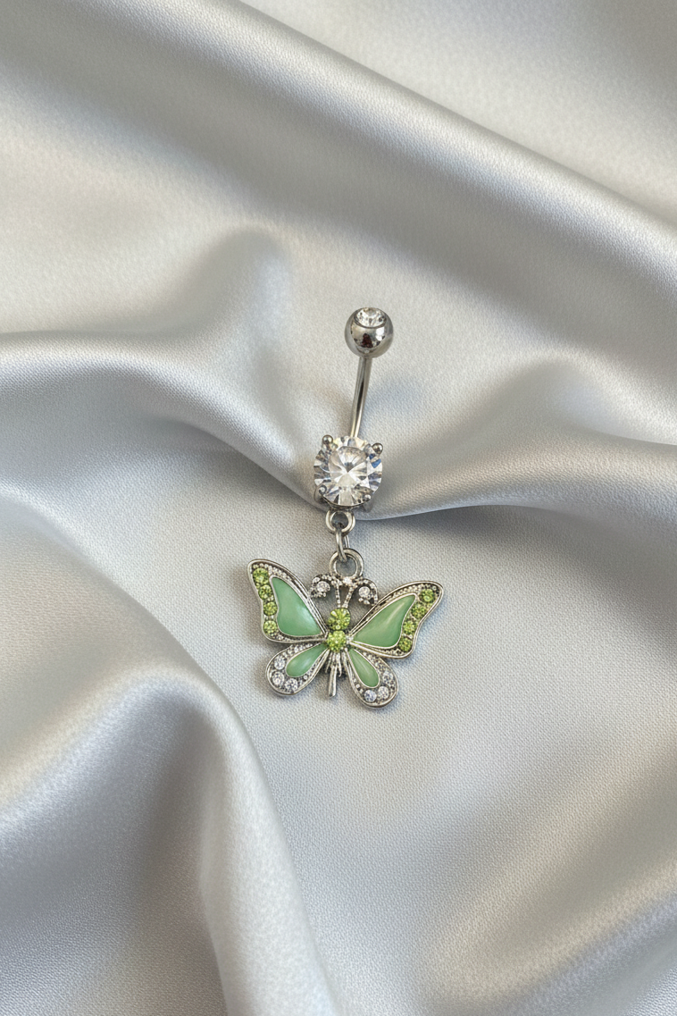 Green Enamel Butterfly Belly Button Ring in 316l stainless steel.