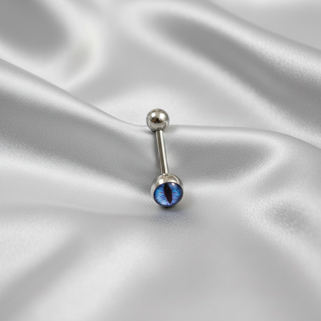 Blue Snake Eye tongue barbell in 316l stainless steel