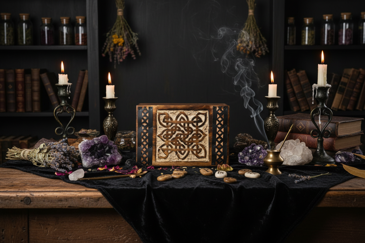 Engraved Medieval Brass Decorated Wooden Keepsake Box in a personal mystic sacred space.