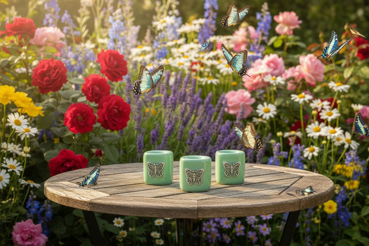 Green Butterfly Ceramic Mini Candle Holder Set of Three on a wooden table in a colorful flower garden surrounded by butterflies.